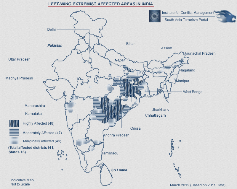 Left-wing exteremist Affected Areas in India Map